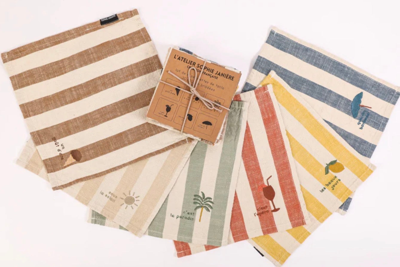 Lot de 6 serviettes de table broderie les beaux jours (rayures)