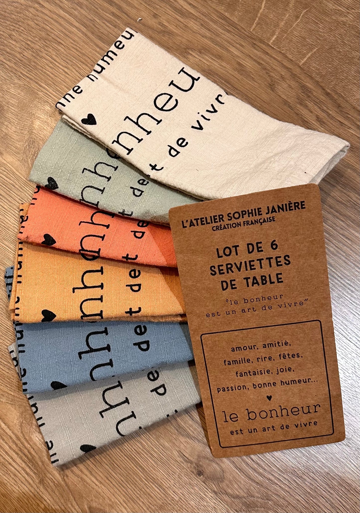 Lot de 6 serviettes de table « le bonheur est un art de vivre »