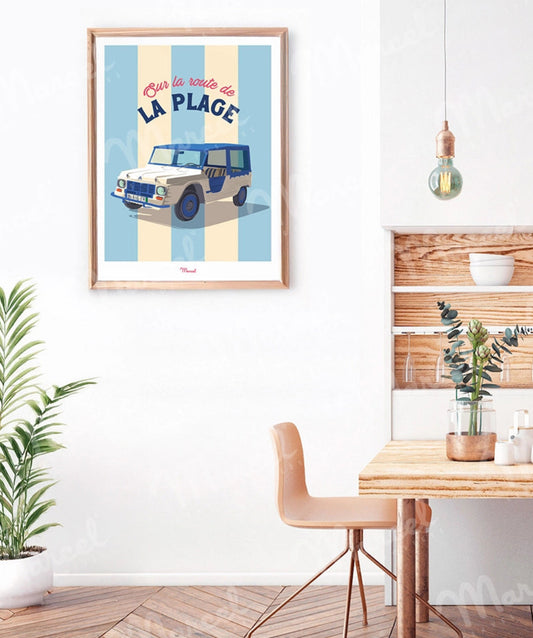 Affiche sur la route des vacances en Méhari