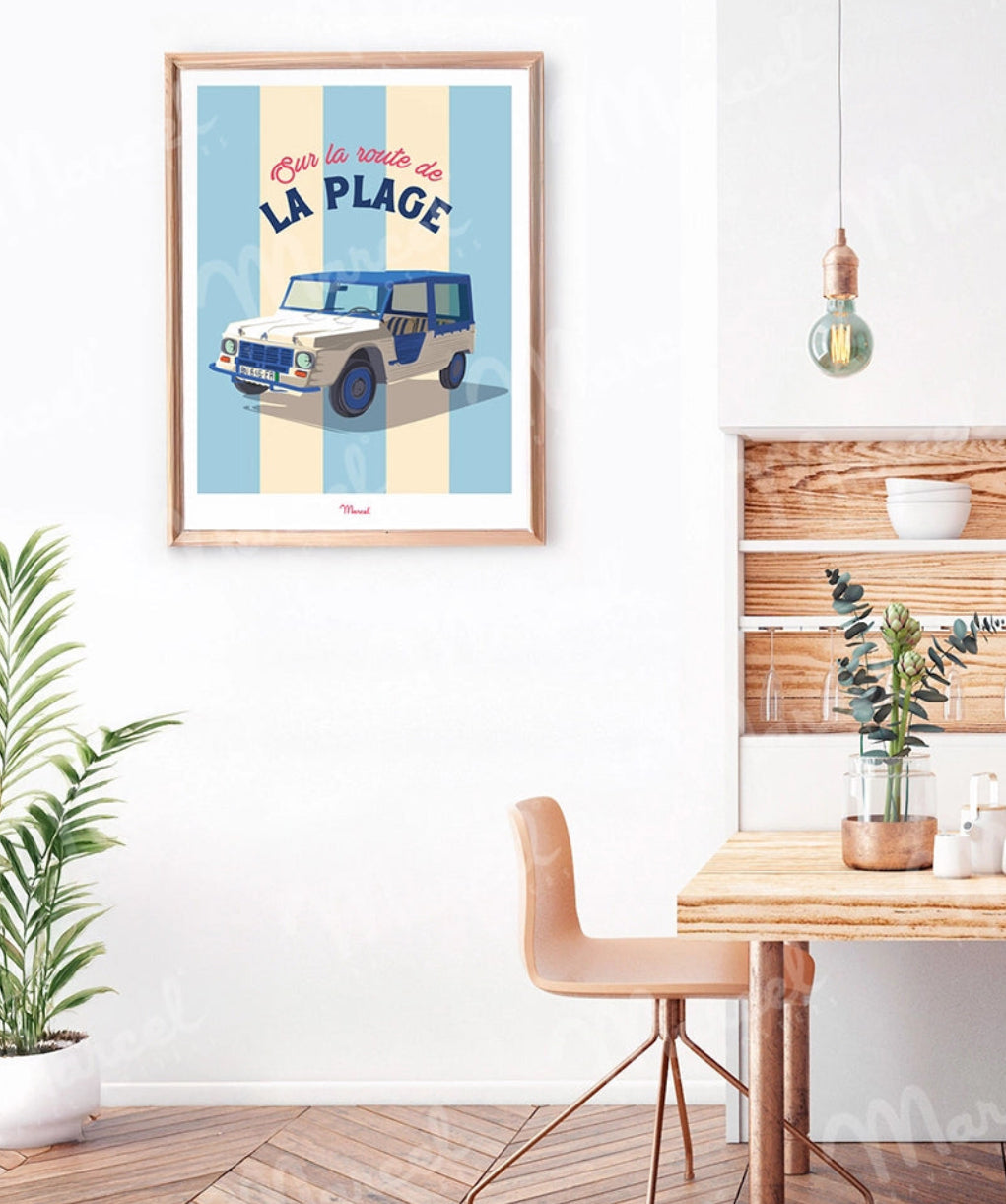 Affiche sur la route des vacances en Méhari